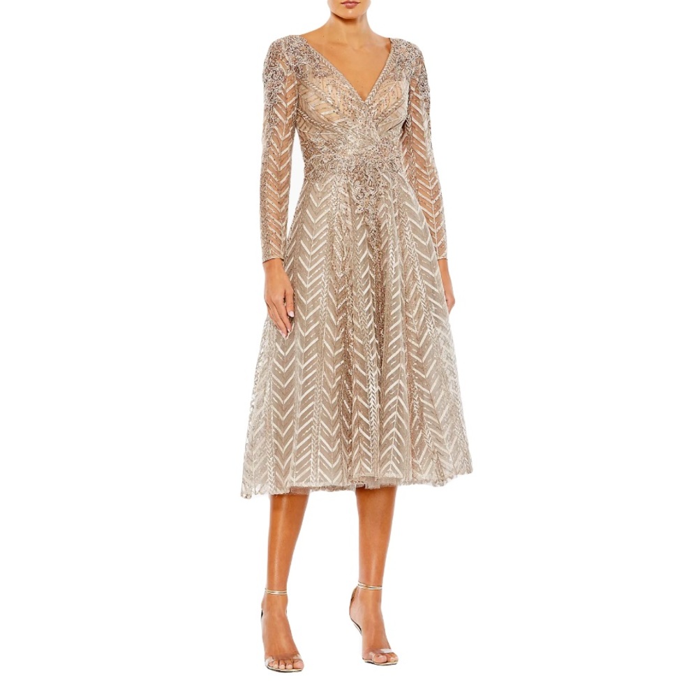Mac Duggal Sz 10 Embellished Fit & Flare Dress Taupe Org $598